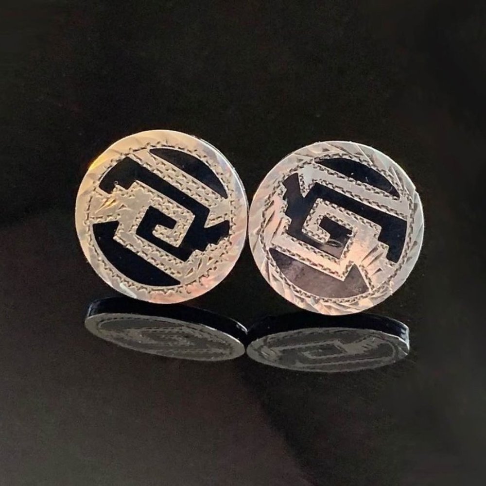 VTG Mexican Aztec Geo Sterling Onyx Cufflinks